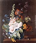 Hollyhocks and Other Flowers in a Vase by Jan Van Huysum